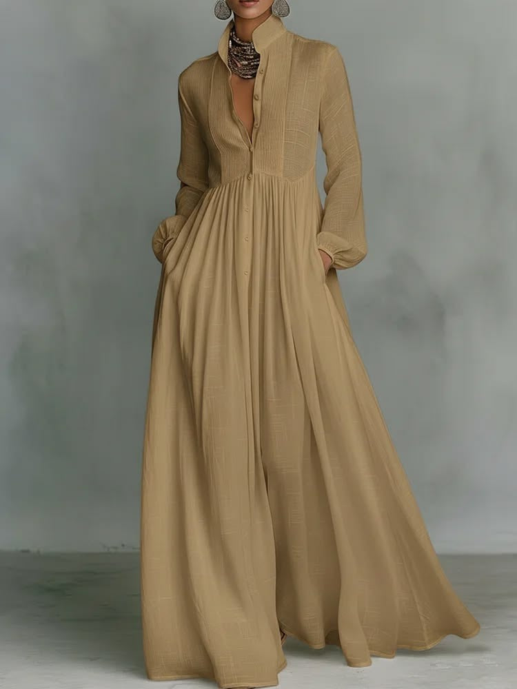 Stand Collar Long Sleeve Button Front Maxi Shirt Dress