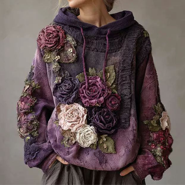 Floral Applique Drawstring Hooded Sweatshirt