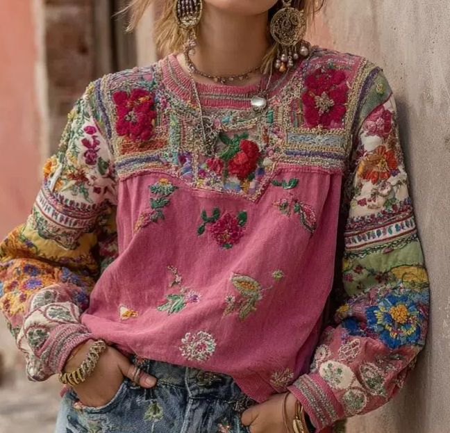 Patchwork Print Oversized Crew Neck Sweatshirt