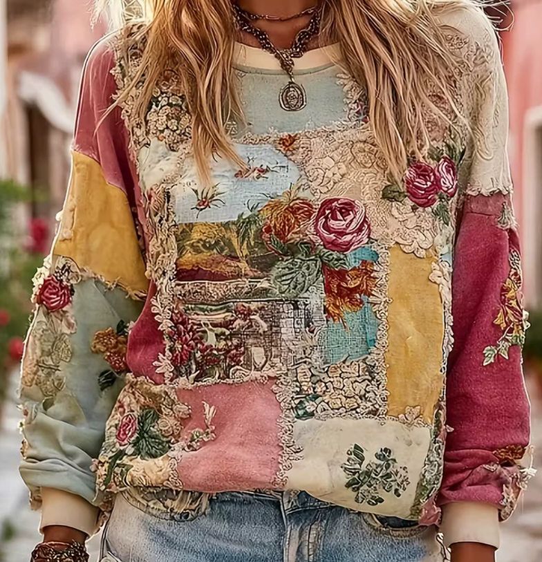 Patchwork Print Oversized Crew Neck Sweatshirt