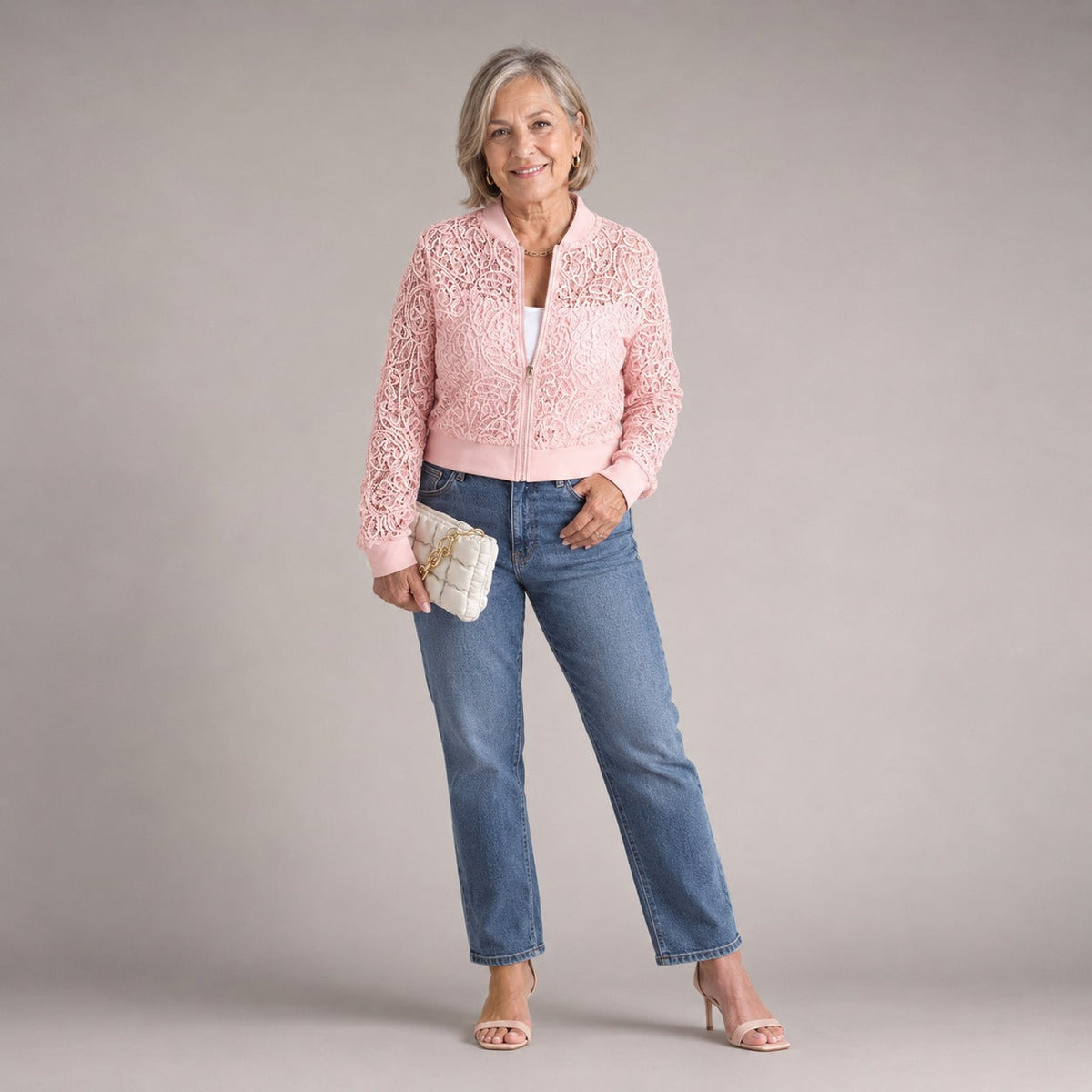 Floral Lace Ribbed Trim Cropped Bomber Jacket