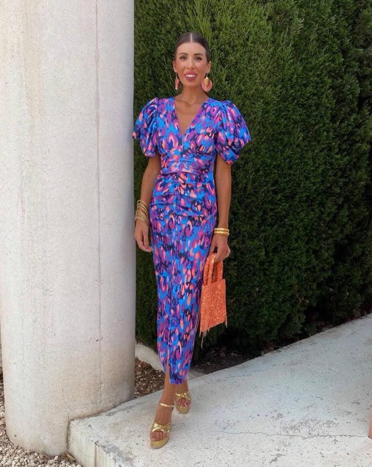 Loren - Vibrant Blue & Pink Puff Sleeve Dress