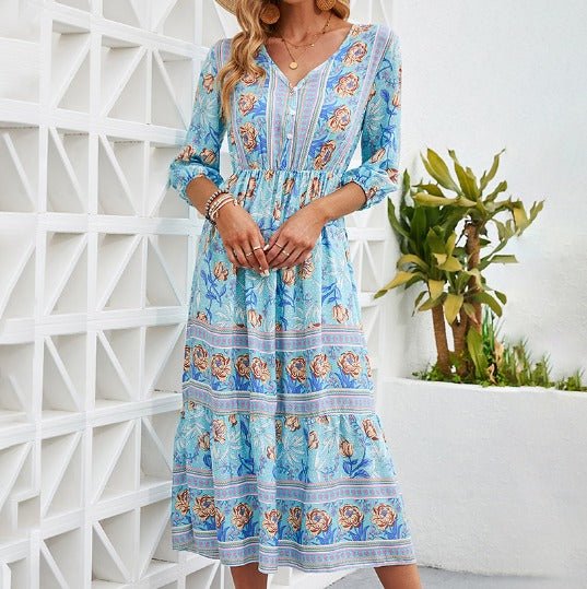 Floral Print V-Neck Three Quarter Sleeve Tiered Boho Midi Dress