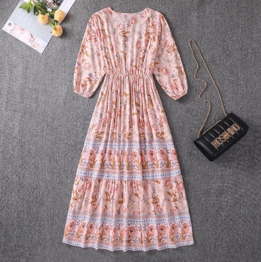 Floral Print V-Neck Three Quarter Sleeve Tiered Boho Midi Dress