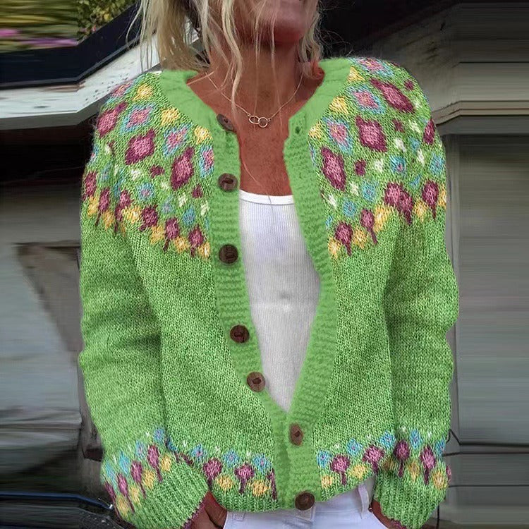 Fair Isle Diamond Knit Button Front Cardigan