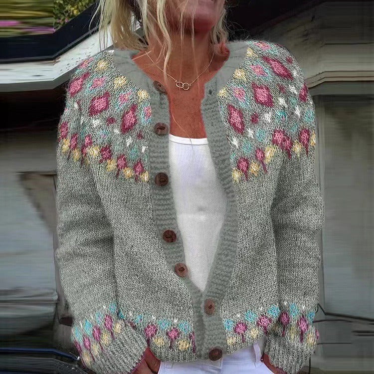 Fair Isle Round Neck Button Front Cardigan