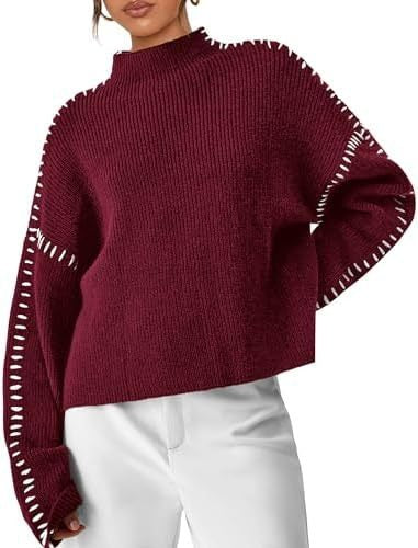 Mock Neck Whipstitch Trim Drop Shoulder Sweater