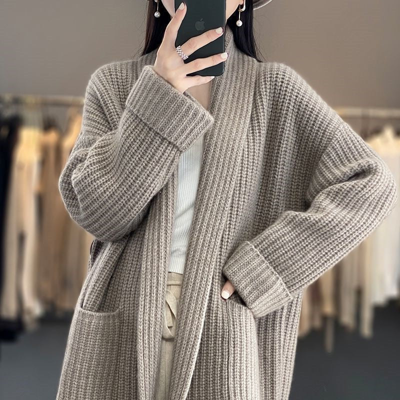 Shawl Collar Open Front Pocket Longline Chunky Knit Cardigan