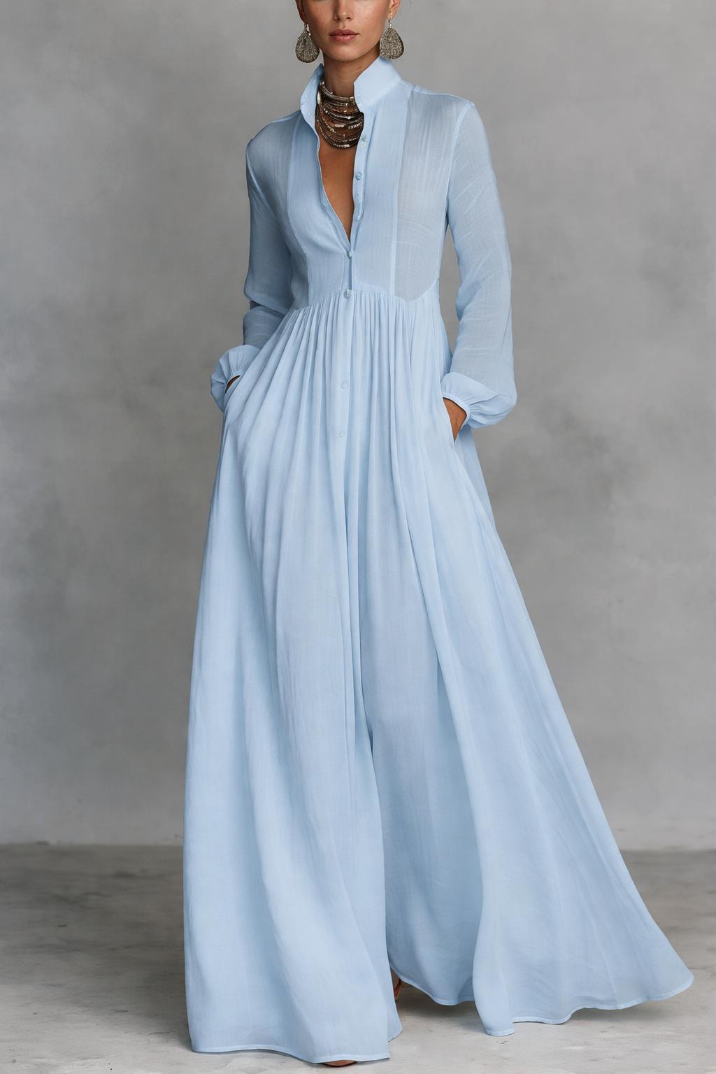 Stand Collar Long Sleeve Button Front Maxi Shirt Dress