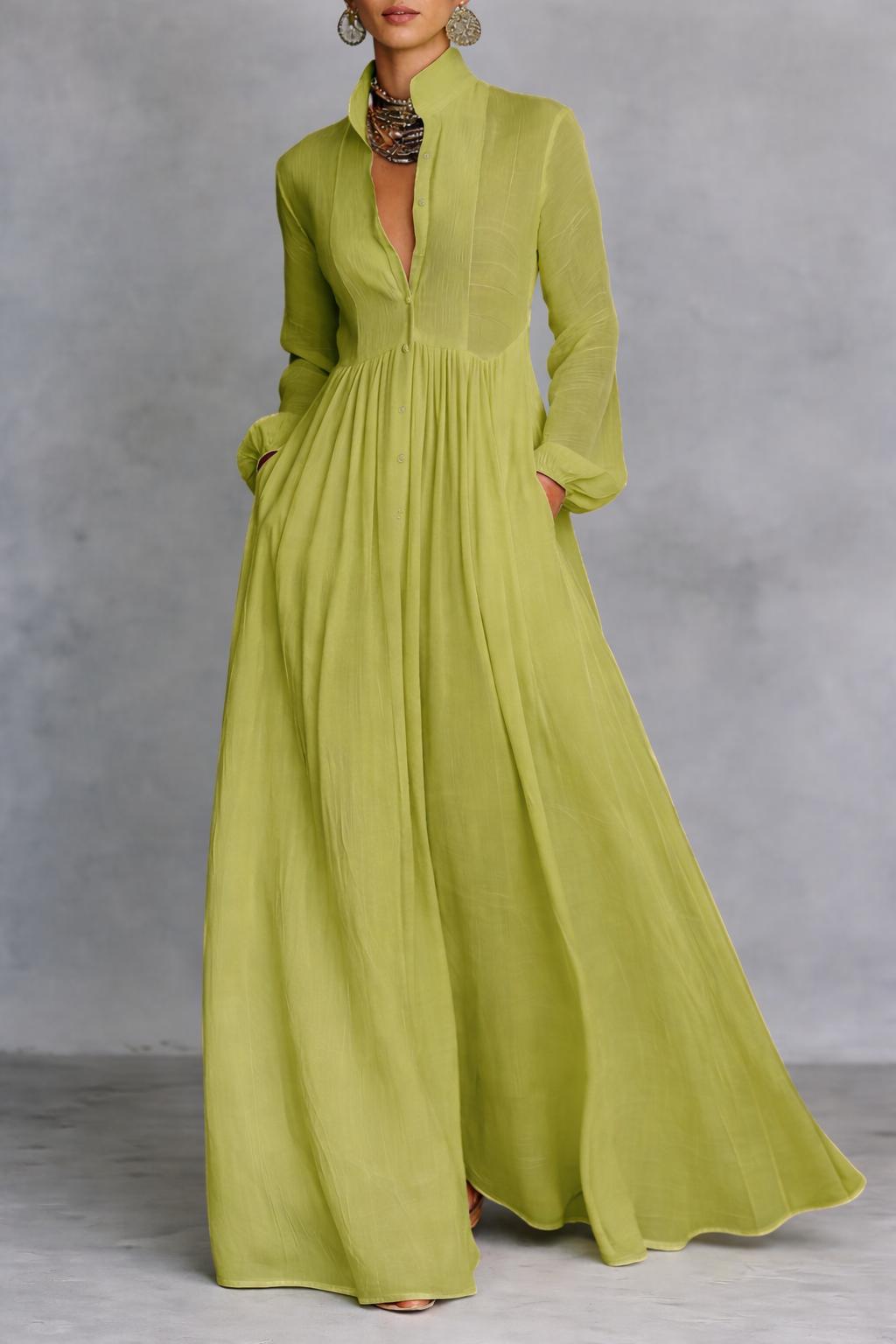 Stand Collar Long Sleeve Button Front Maxi Shirt Dress