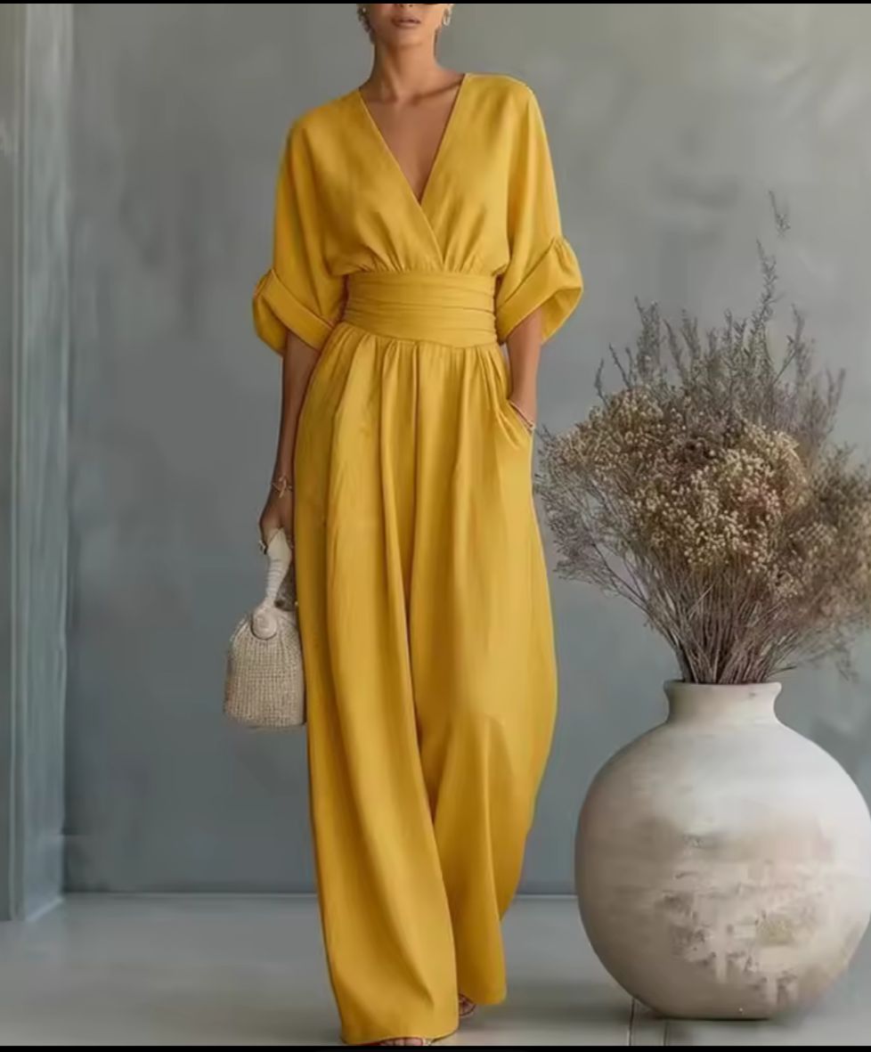 V-Neck Batwing Sleeve High Waist Wide Leg Jumpsuit
