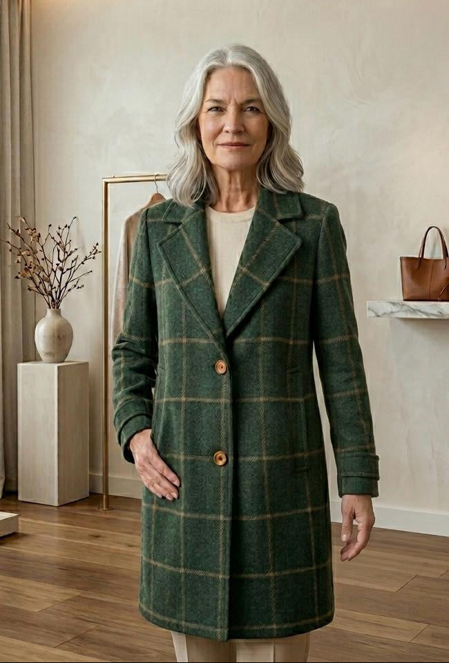 Windowpane Check Notch Lapel Single Breasted Tweed Coat