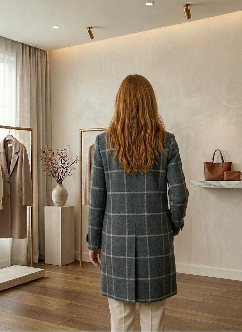Windowpane Check Notch Lapel Single Breasted Tweed Coat