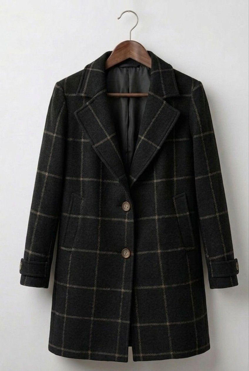 Windowpane Check Notch Lapel Single Breasted Tweed Coat