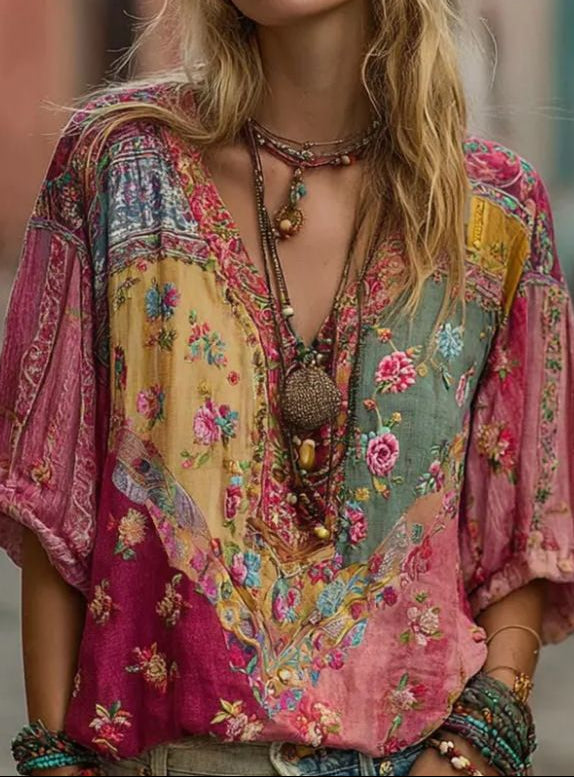 Floral Patchwork Print V-Neck Half Sleeve Boho Blouse