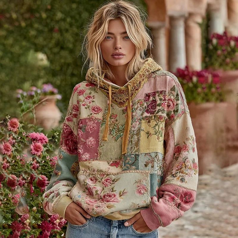 Floral Embroidered Drawstring Hooded Sweatshirt
