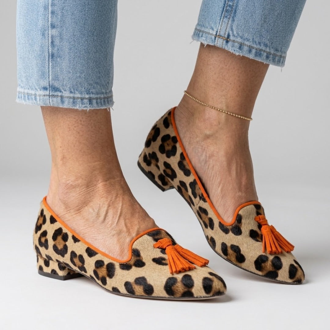 Leopard Print Tassel Low Block Heel Loafers