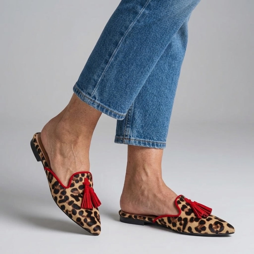 Leopard Print Pointed Toe Tassel Flat Mules