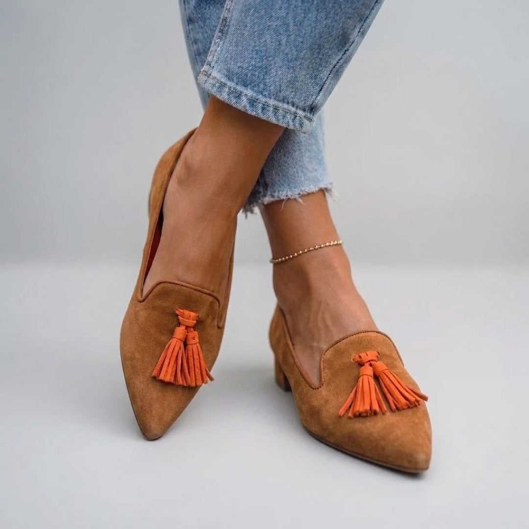 Pointed Toe Tassel Suede Look Loafers