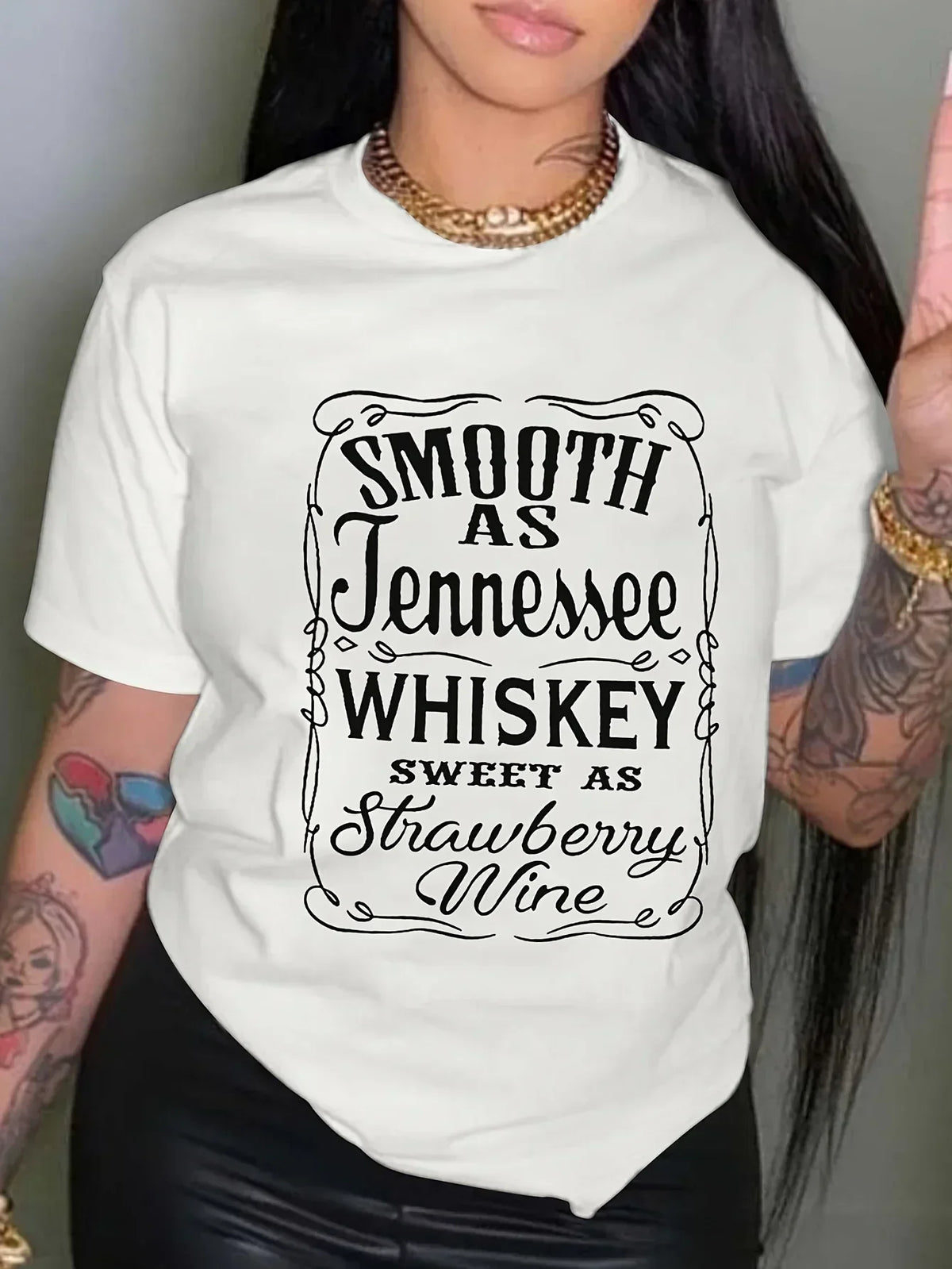 Whiskey Slogan Letter Print Crew Neck Short Sleeve T-Shirt
