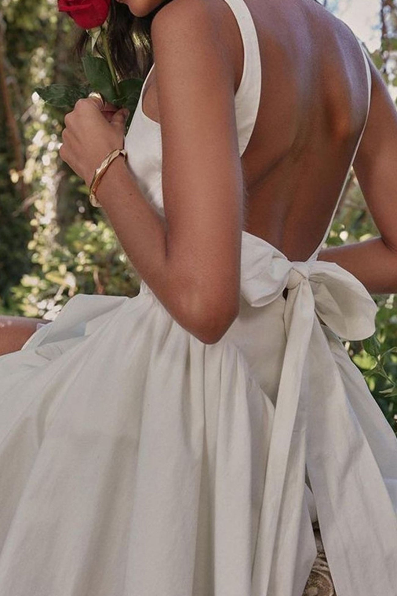 White Backless Tie back Ruched Dress