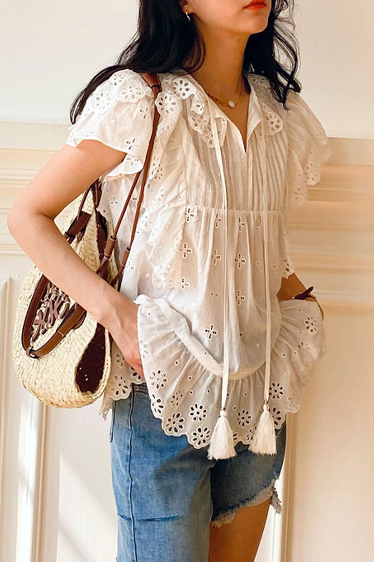 Eyelet Embroidered Ruffle Sleeve Tassel Tie Neck Pintuck Blouse 2