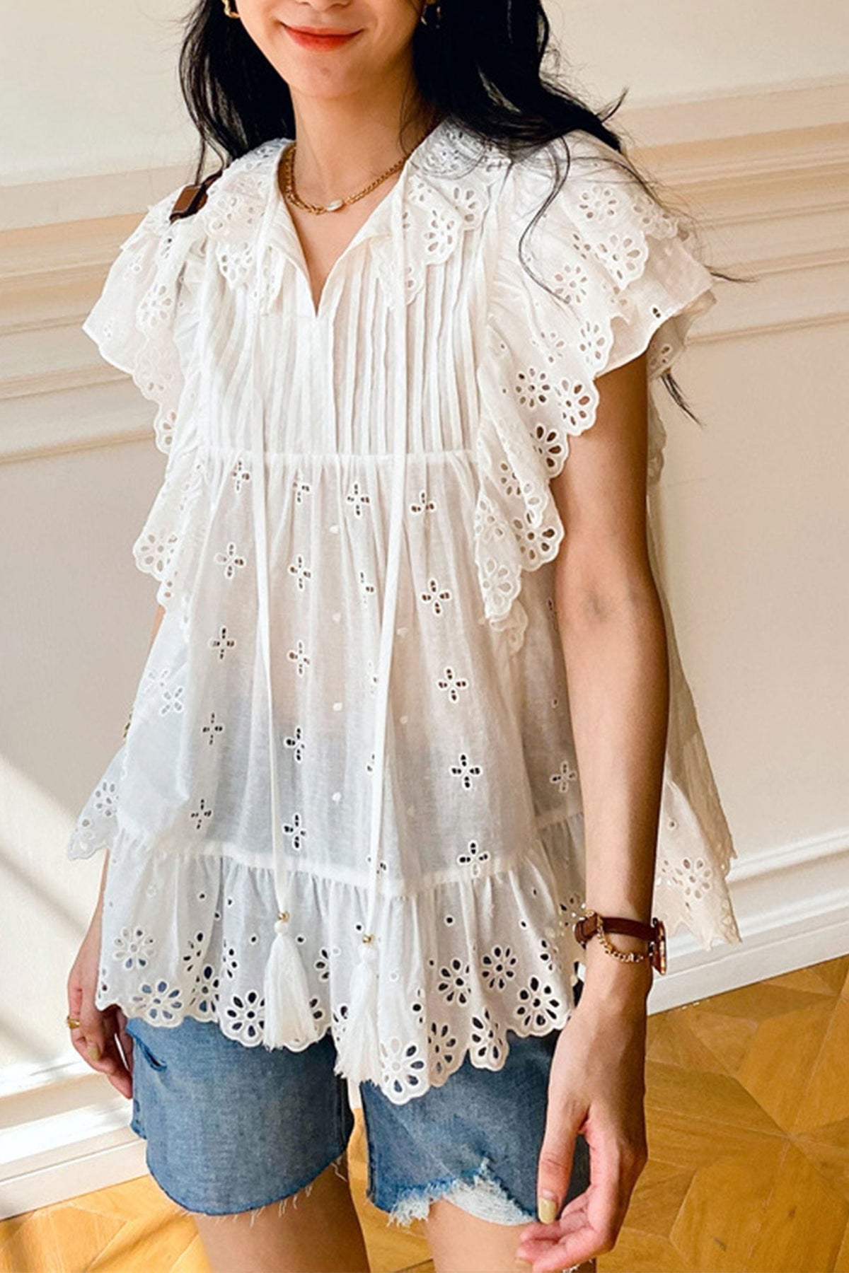 Eyelet Embroidered Ruffle Sleeve Tassel Tie Neck Pintuck Blouse 3