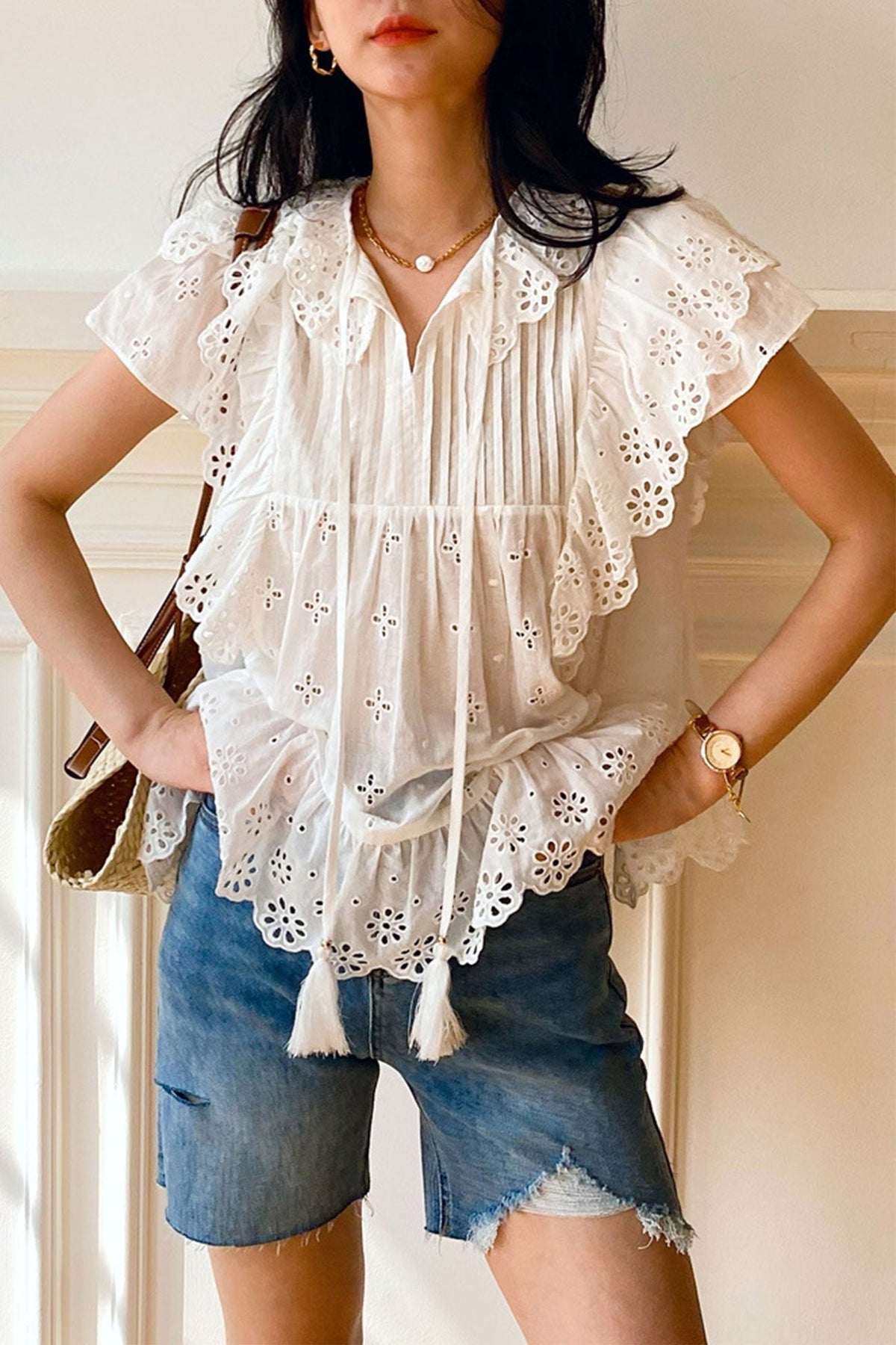 Eyelet Embroidered Ruffle Sleeve Tassel Tie Neck Pintuck Blouse