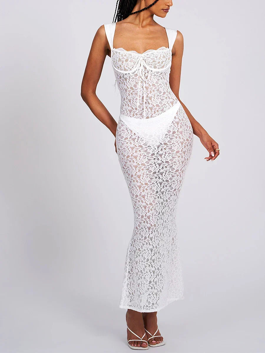 Sheer Lace Square Neck Cap Sleeve Bow Front Mermaid Maxi Dress
