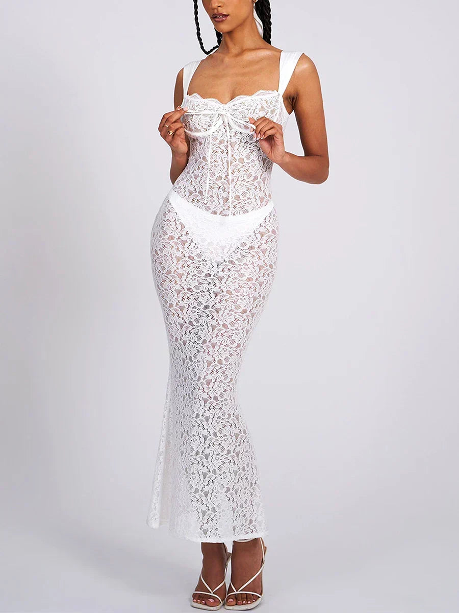 Sheer Lace Square Neck Cap Sleeve Bow Front Mermaid Maxi Dress 3