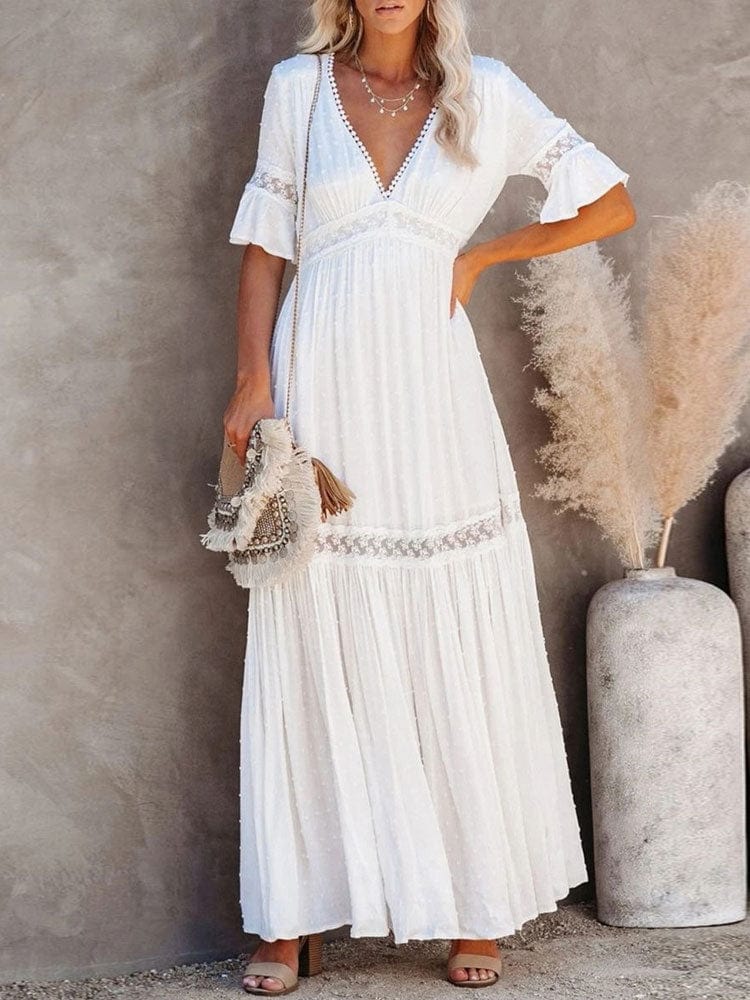 Lace Trim Deep V-Neck Flutter Sleeve Tiered Maxi Dress 4