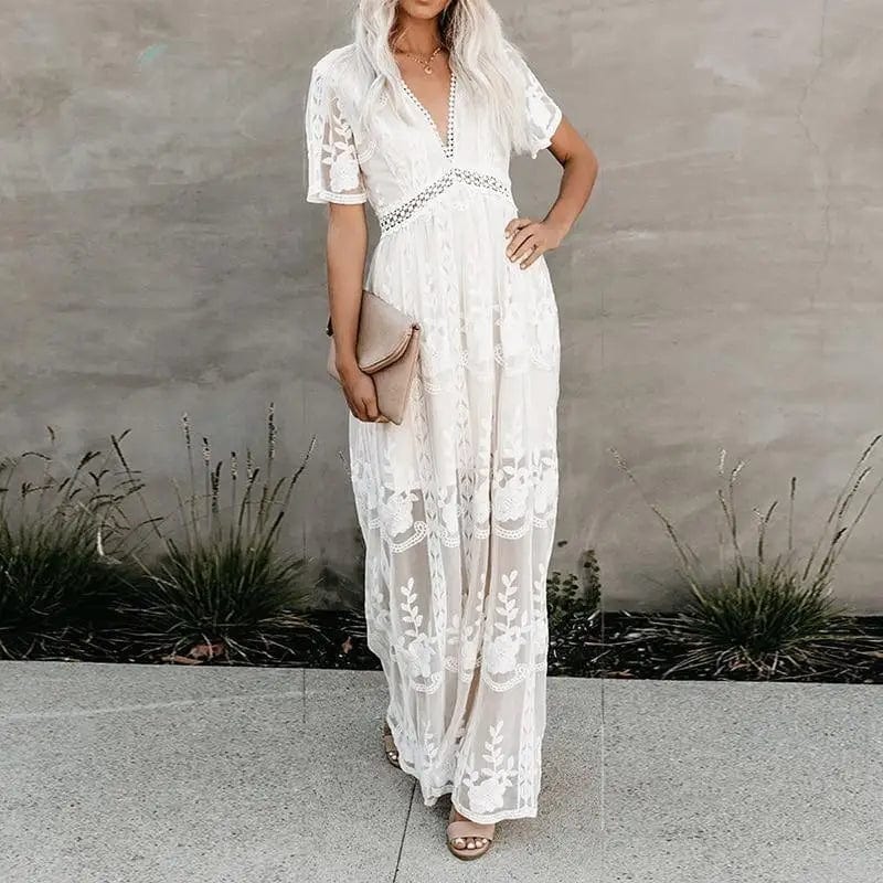 Lace Deep V-Neck Short Sleeve Crochet Waist Maxi Dress