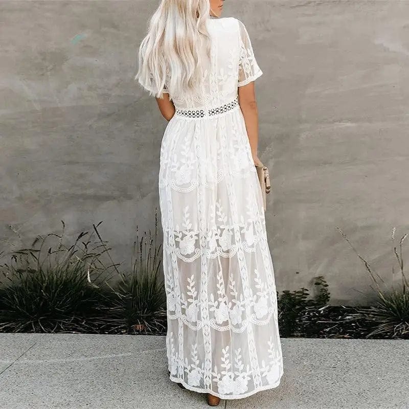 Lace Deep V-Neck Short Sleeve Crochet Waist Maxi Dress 2