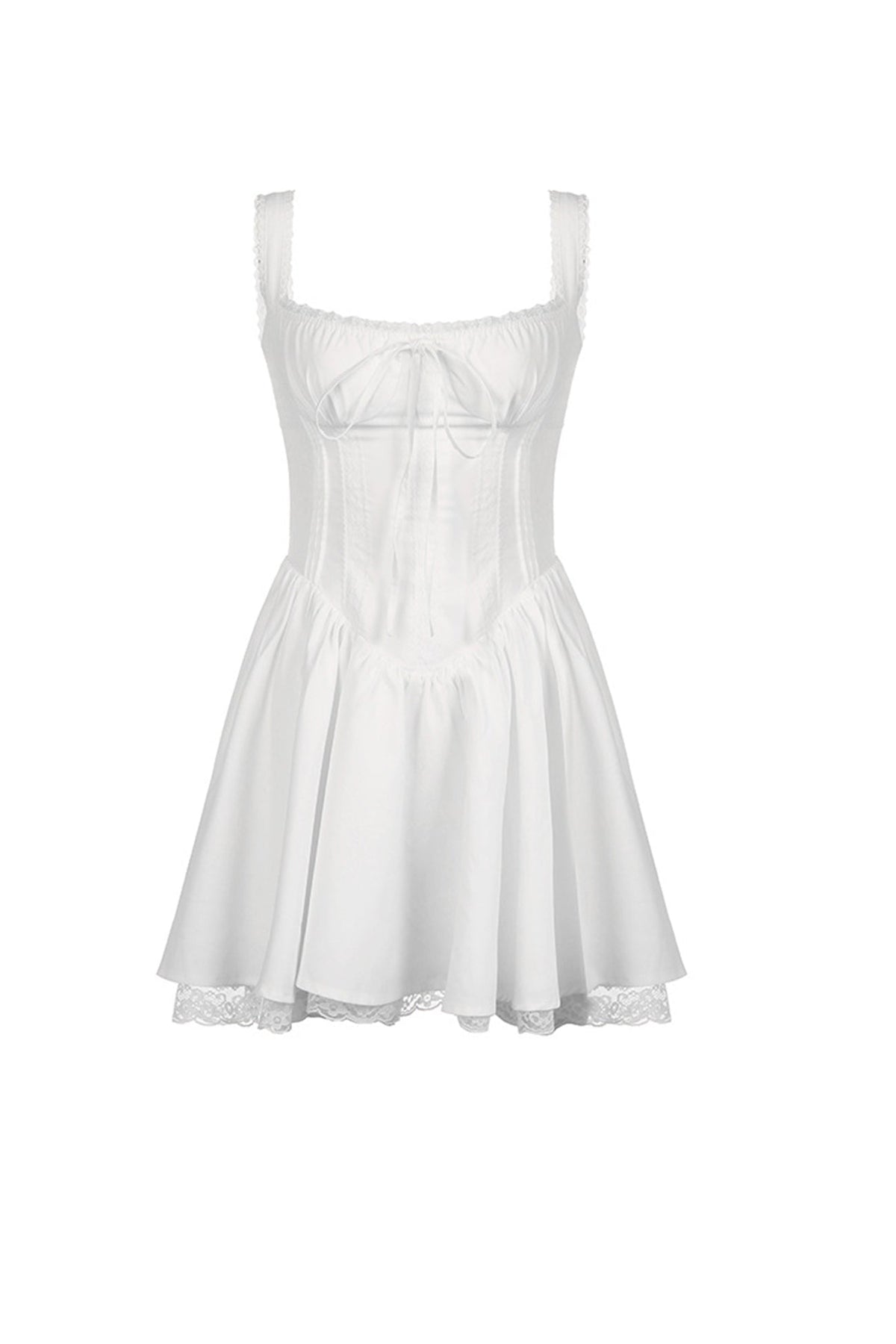 Off Shoulder Tie Front Corset Bodice Lace Trim Hem Drop Waist Mini Dress 6