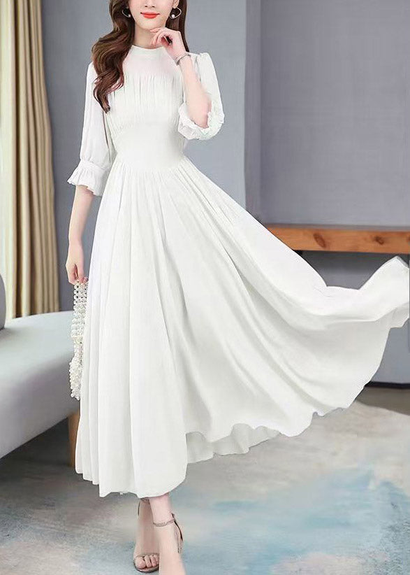 High Neck Puff Sleeve Ruched Chiffon Flowy Maxi Dress