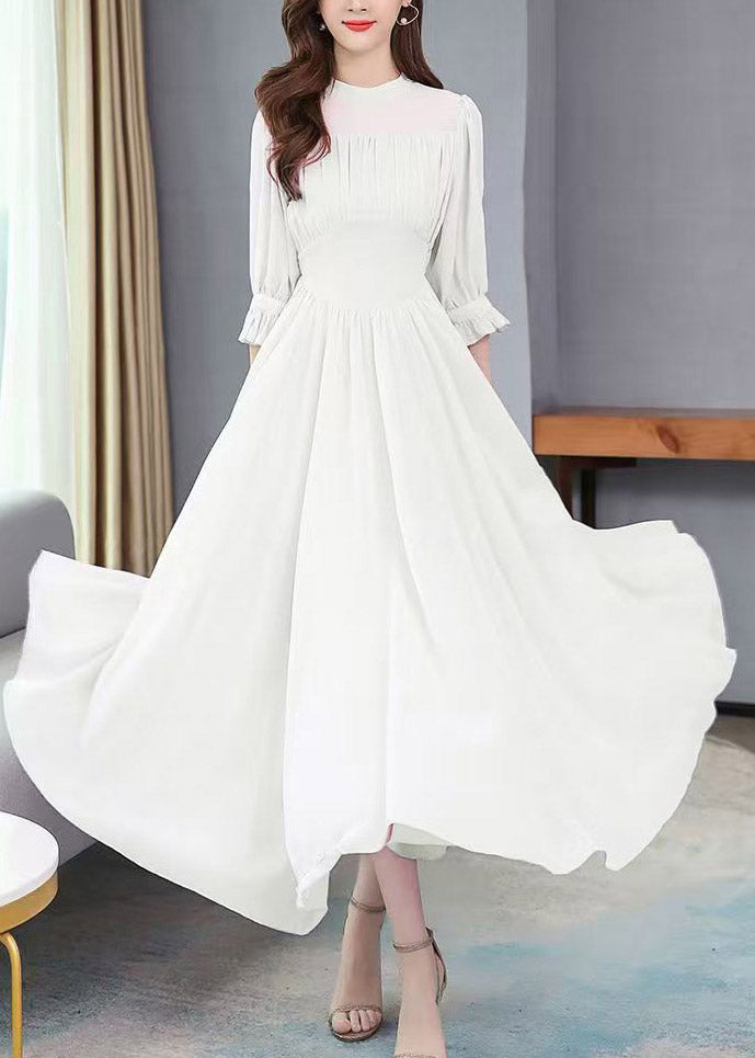 High Neck Puff Sleeve Ruched Chiffon Flowy Maxi Dress
