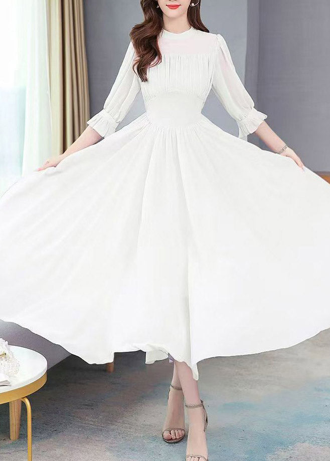 High Neck Puff Sleeve Ruched Chiffon Flowy Maxi Dress