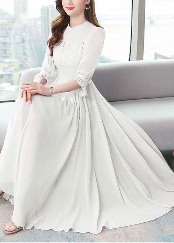 High Neck Puff Sleeve Ruched Chiffon Flowy Maxi Dress