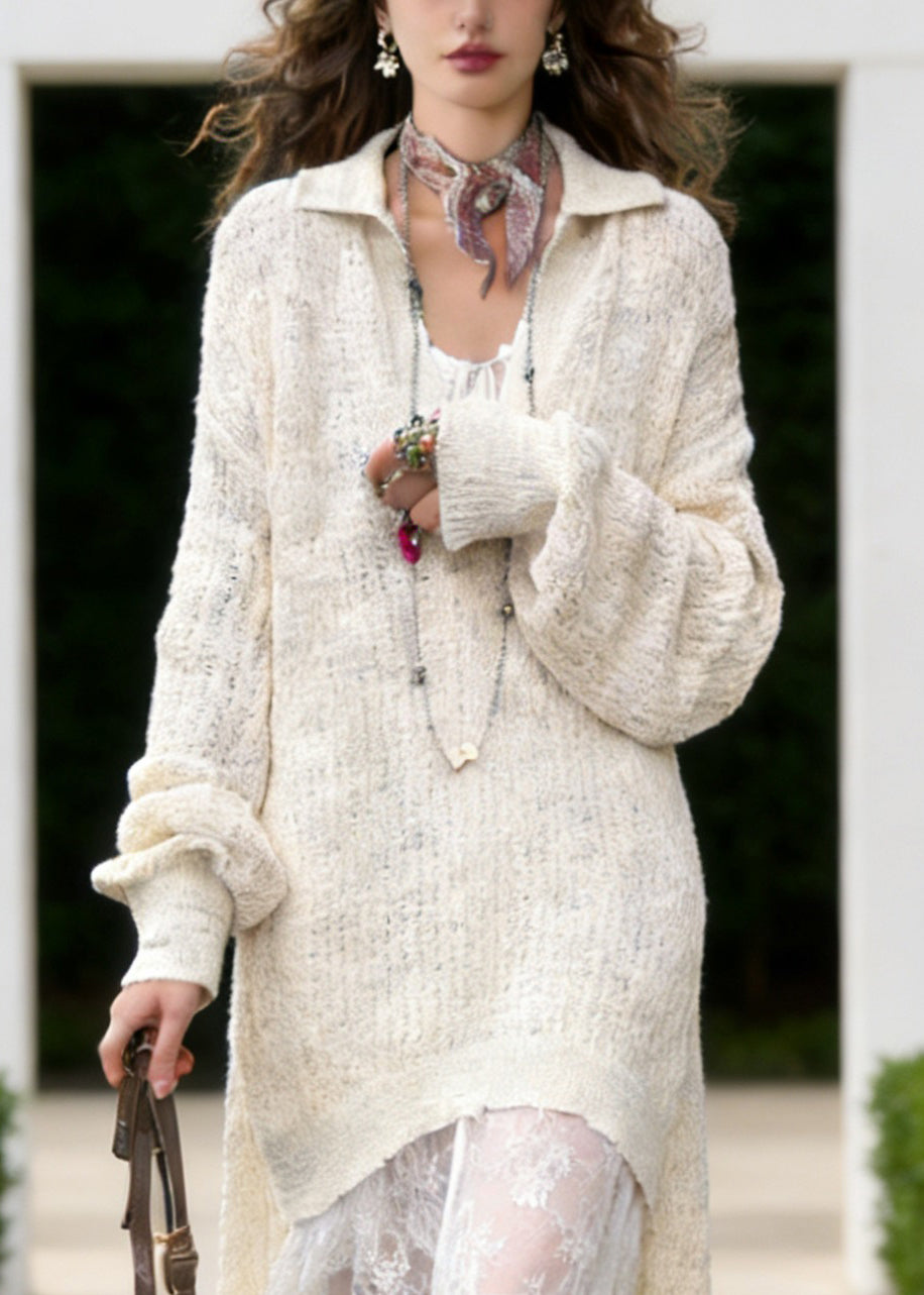 White Peter Pan Collar Knit Long Sweaters Lace Maxi Two Piece Set - View 2