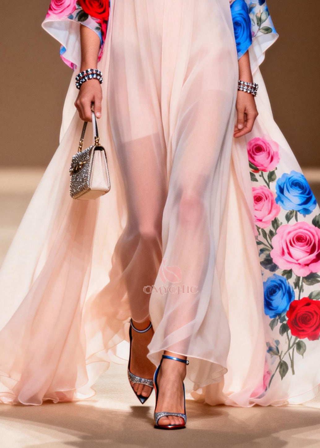Floral Print Deep V-Neck Cape Sleeve Sheer Chiffon High Low Maxi Gown