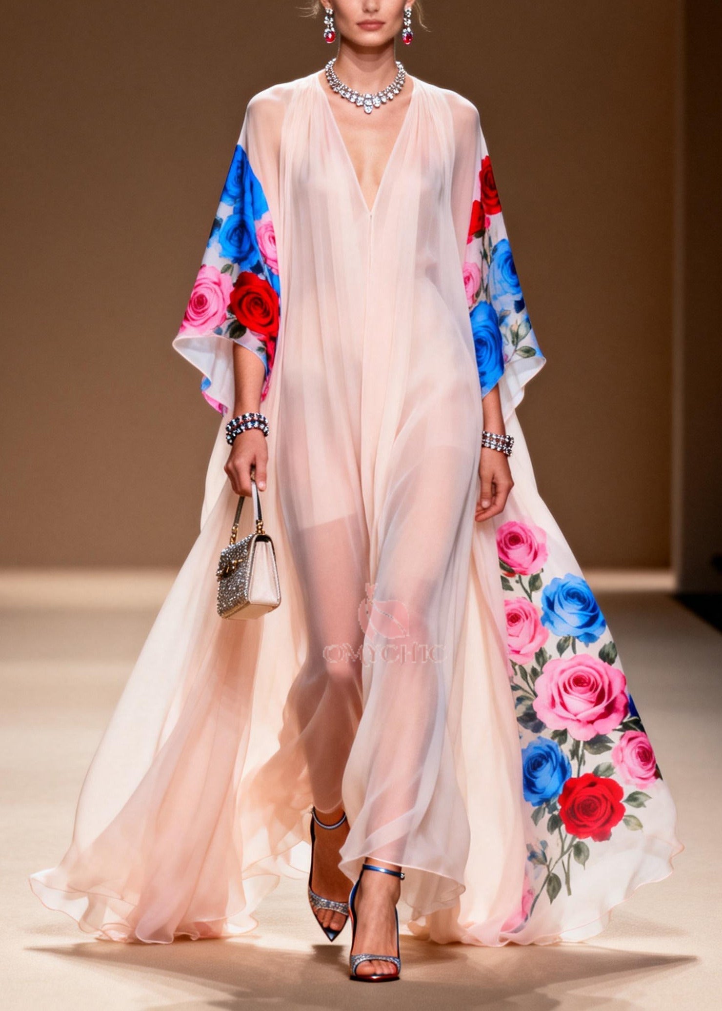 Floral Print Deep V-Neck Cape Sleeve Sheer Chiffon High Low Maxi Gown
