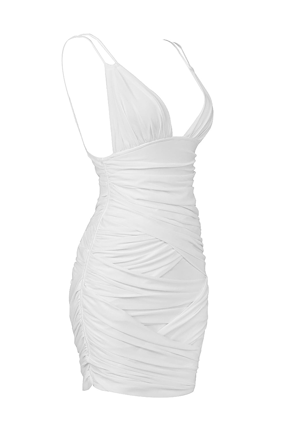 Mesh Plunge V-Neck Spaghetti Strap Ruched Bodycon Mini Dress 7