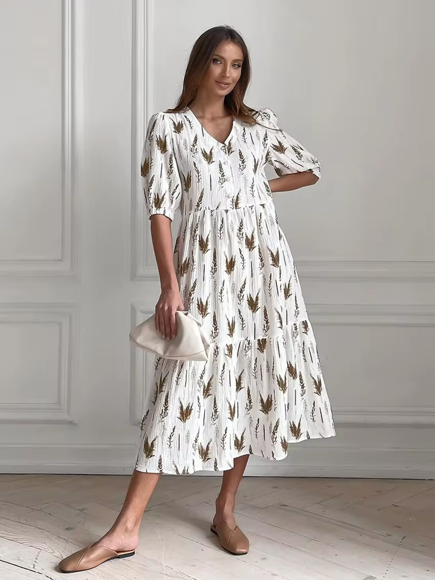 Isolda Summery Midi Dress with a V-neck for Women Relaxed Daywear
