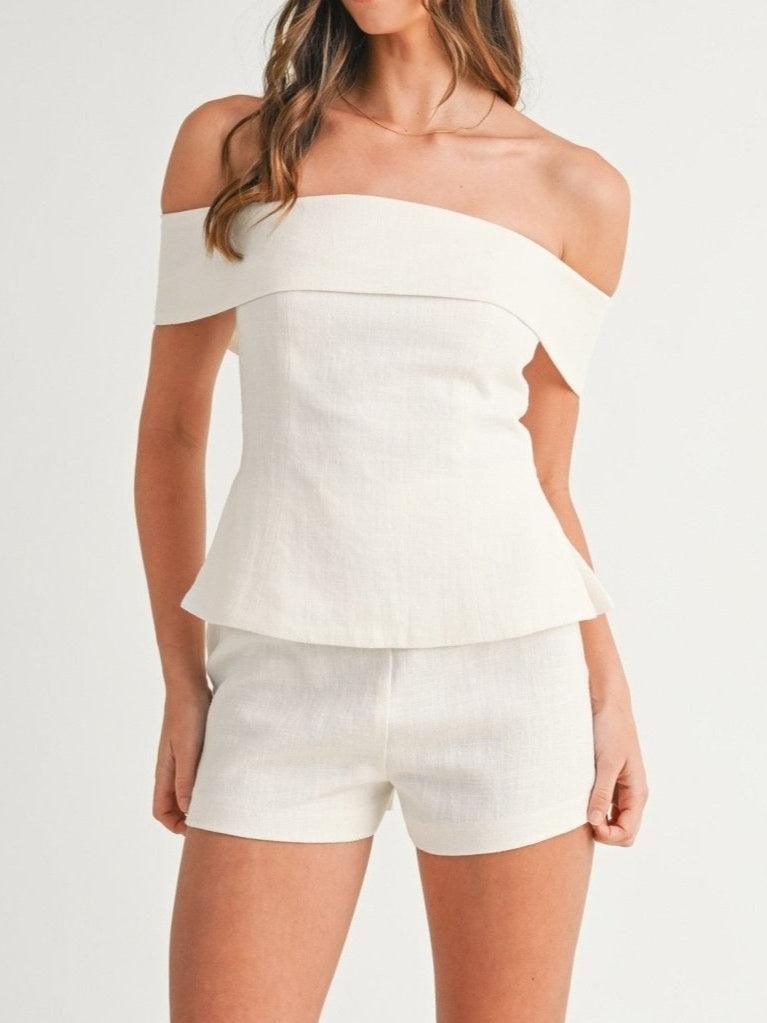Off Shoulder Foldover Peplum Top and Shorts Two Piece Set