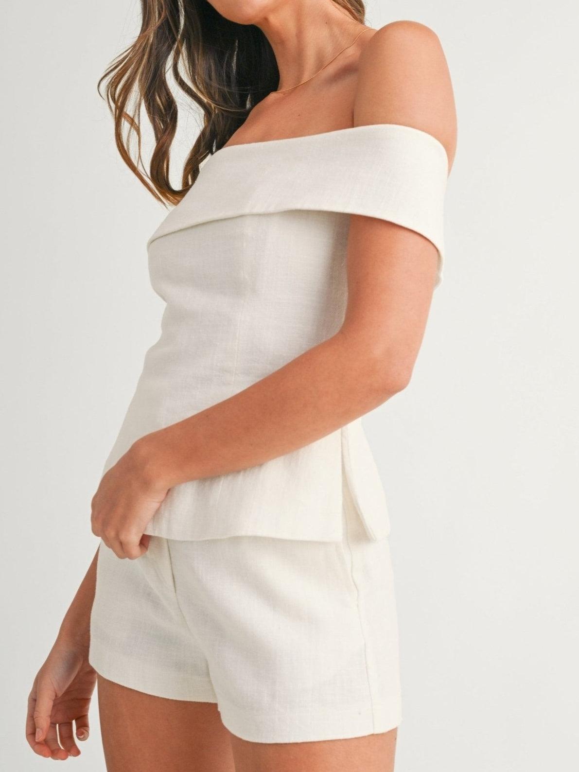 Off Shoulder Foldover Peplum Top and Shorts Two Piece Set