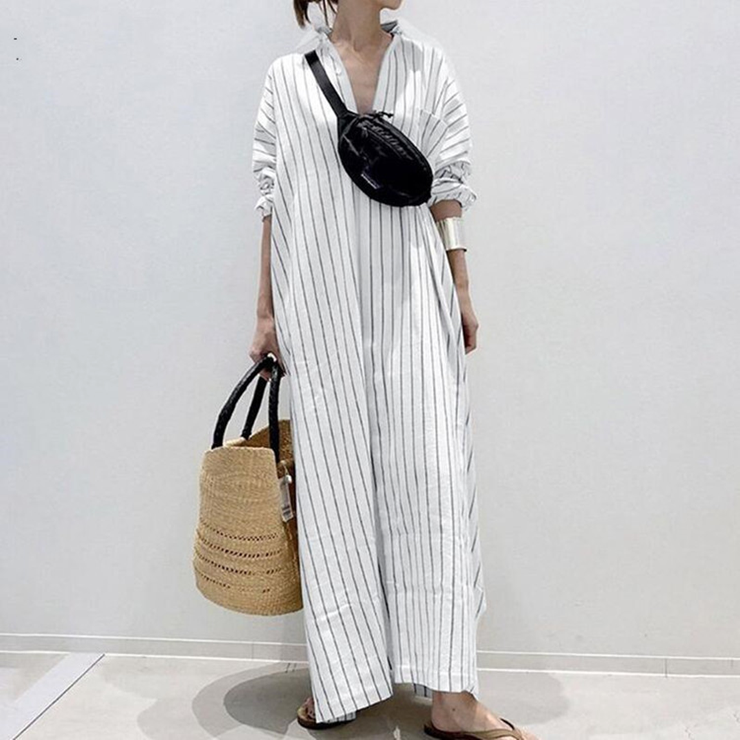 Pinstripe Oversized Button Front Long Sleeve Maxi Shirt Dress