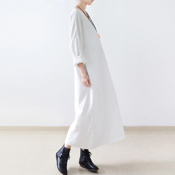 White cotton dress long sleeve linen spring dresses oversize caftans