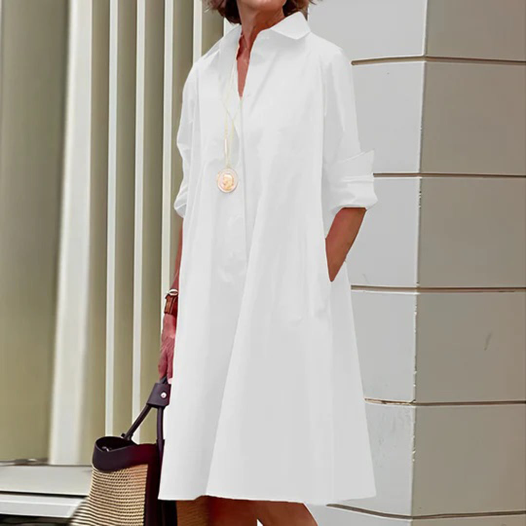 Collared Button Down Long Sleeve Pocket Oversized Shirt Midi Dress