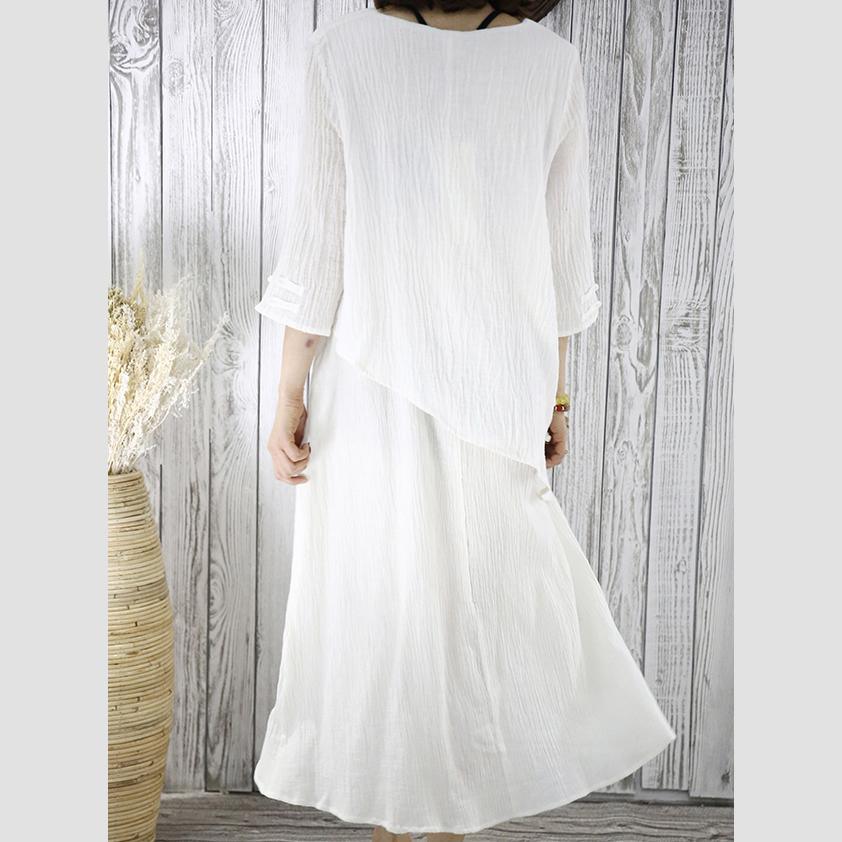 White layered summer dress linen maxi dresses half sleeve traveling clothing