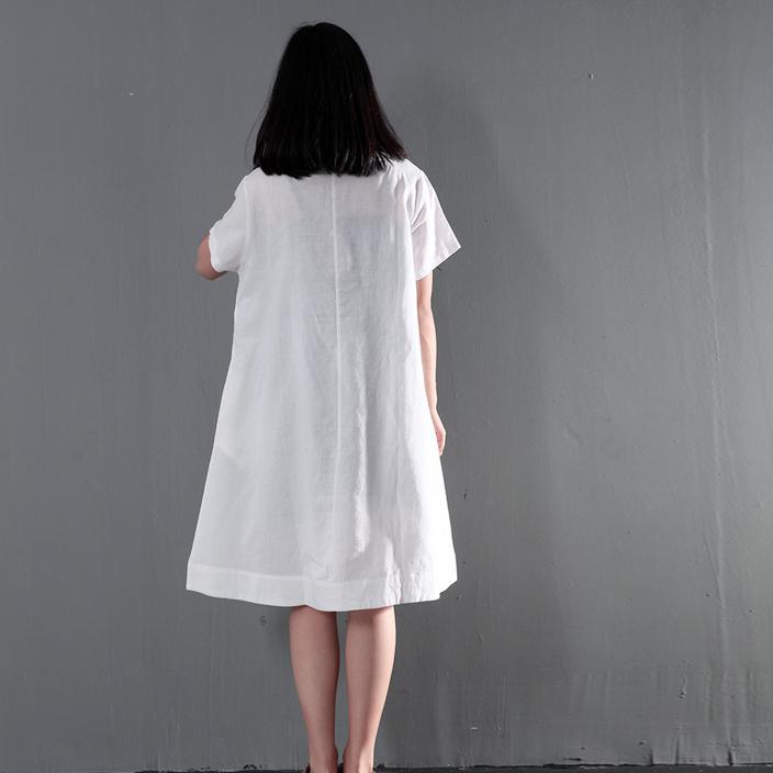 White plus size linen sundress short sleeve print summer dresses long blouse